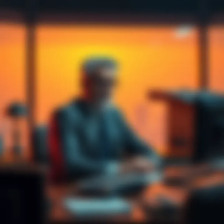 A Ponzi schemer sits at a desk, sharing thoughts on traditional banking versus cryptocurrencies with a concerned expression.