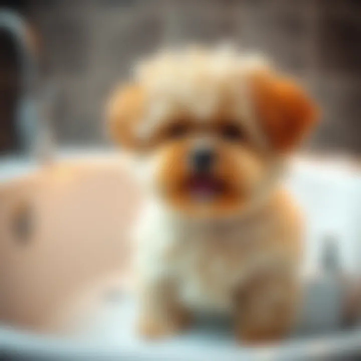 A fluffy 7-month-old poochon with curly, coarse fur being bathed in a tub with shampoo, looking happy and refreshed.
