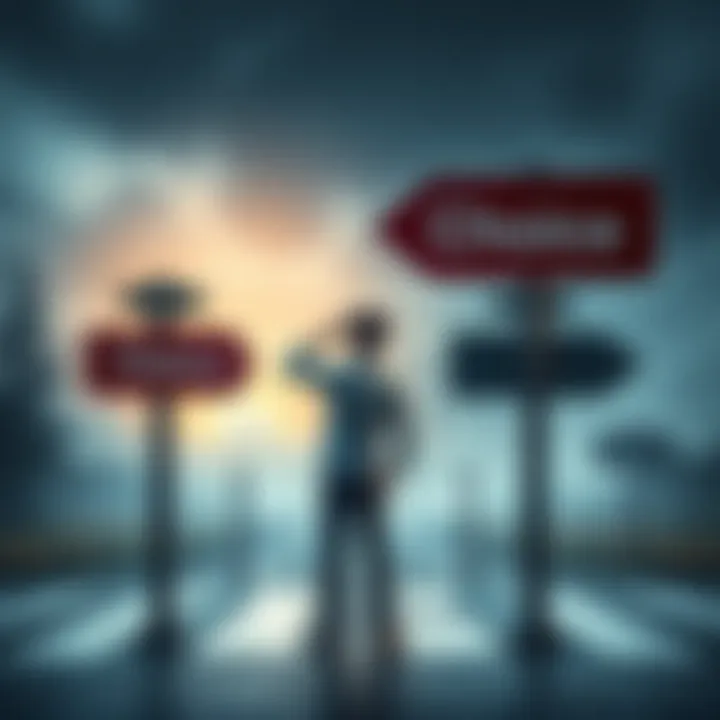 A person standing at a crossroads, looking confused about which direction to choose. Signs pointing in different directions symbolize choices and their potential outcomes.