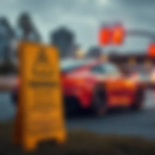 A Porsche 911 parked with a warning sign in the foreground, indicating issues with the car's oil viscosity leading to engine damage.
