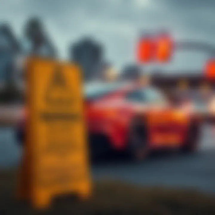 A Porsche 911 parked with a warning sign in the foreground, indicating issues with the car's oil viscosity leading to engine damage.