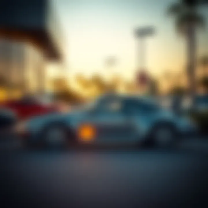 A sleek Porsche 993 parked outside a dealership, showcasing its classic design and shiny exterior.
