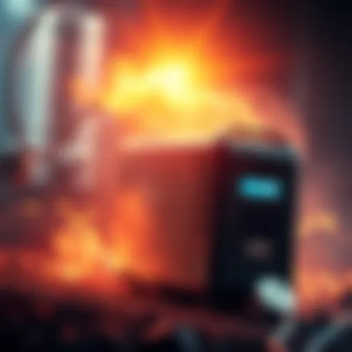 A portable Bitcoin miner with a sleek design, displaying a digital screen and power indicators, set against a backdrop of a power source, symbolizing free electricity use.