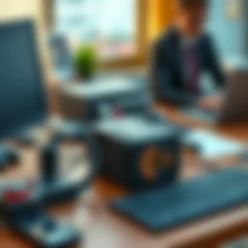 A discreet Bitcoin mining device placed among regular office electronics on a desk, blending in seamlessly while a person works on a laptop nearby.