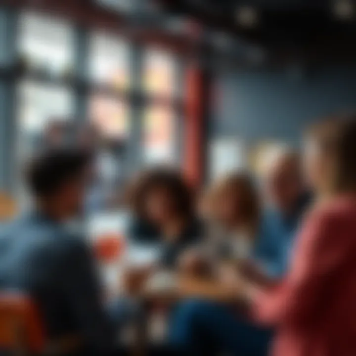 A group of people discussing and reviewing creative portfolios in a casual setting