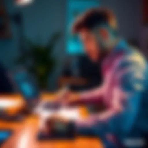 A person sitting at a desk with a laptop open, looking at a portfolio and taking notes while considering feedback.