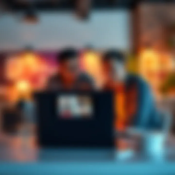 A group of people discussing and providing feedback on a portfolio displayed on a laptop.