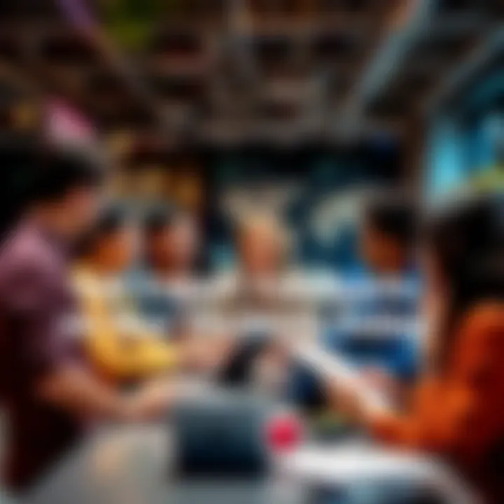 Portfolio Review Session A diverse group of people discussing portfolios and giving feedback in a casual setting.