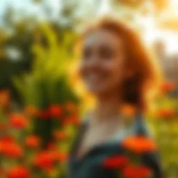 A person smiling while enjoying a sunny day outdoors, surrounded by nature and vibrant flowers.
