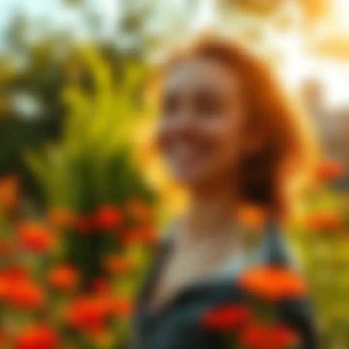 A person smiling while enjoying a sunny day outdoors, surrounded by nature and vibrant flowers.