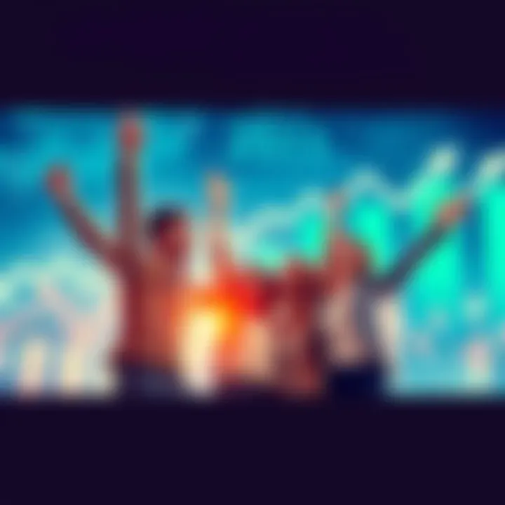 A group of happy people celebrating financial success, with charts showing upward trends in the background.