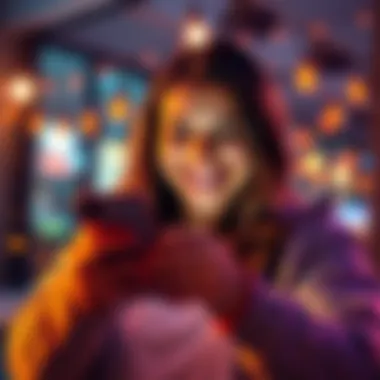 Positive Morning Surprise A cheerful person smiling at their phone, celebrating a positive surprise in the app, surrounded by bright colors and uplifting elements.