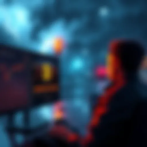 A person looking at a computer screen showing Bitcoin prices while a storm rages outside.