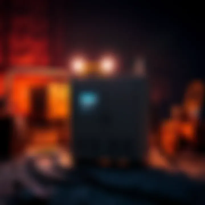 Power box running overnight A power box with lights on, indicating it is operating at night, surrounded by mining equipment