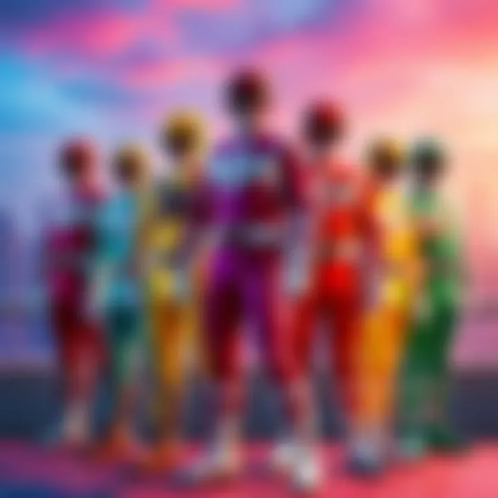 A group of Power Rangers in colorful suits standing together in a dynamic pose, showcasing their unique designs and powers, with a backdrop of vibrant city skyline.