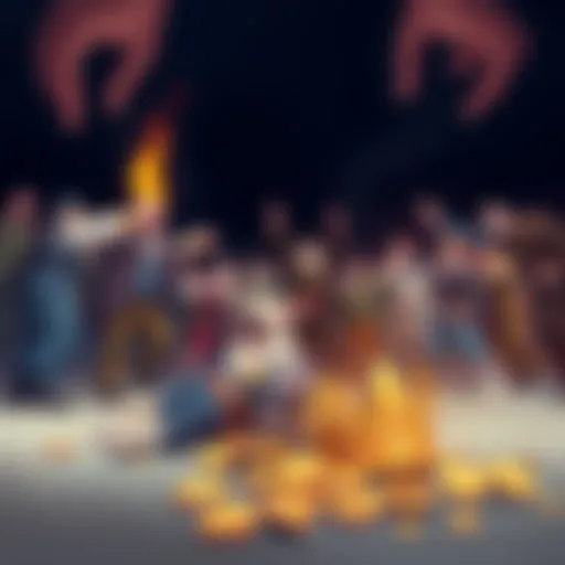 Power Struggle in Poopring Illustration shows a group of people arguing with a fallen crown and broken tokens, representing the decline of Poopring and the end of Helios's control.