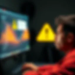A frustrated person looking at a computer screen displaying Powermining services with a warning symbol.