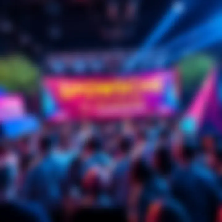 A vibrant community gathering with people celebrating $POWSCHE, showcasing banners and giveaways, emphasizing togetherness in the crypto space.