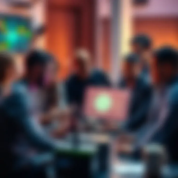 A diverse group of people gathered around a computer, discussing the POWSCHE crypto project, showcasing teamwork and community support