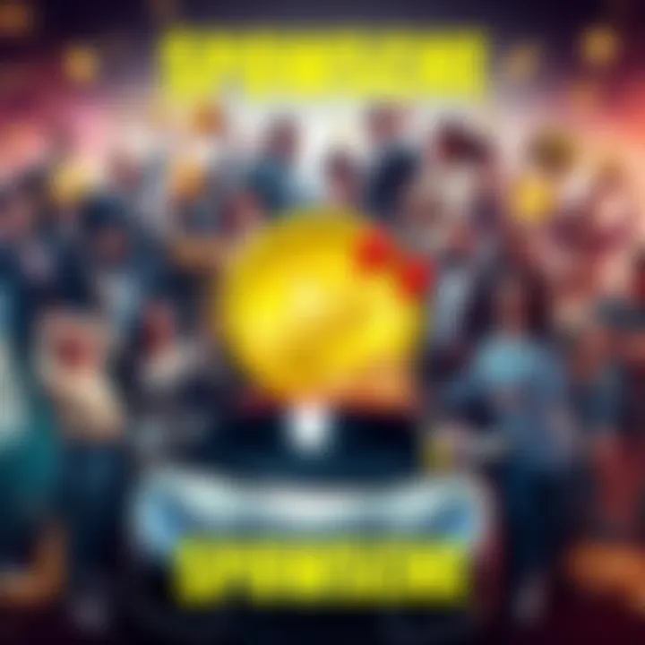Group of diverse people celebrating around a large $POWSCHE logo, showcasing luxury prizes like a sports car and gold items