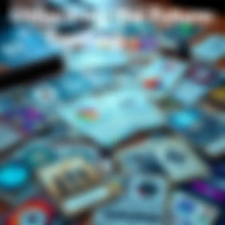 A collection of prediction market trading cards spread on a table, showcasing various designs and graphics related to finance and entertainment.