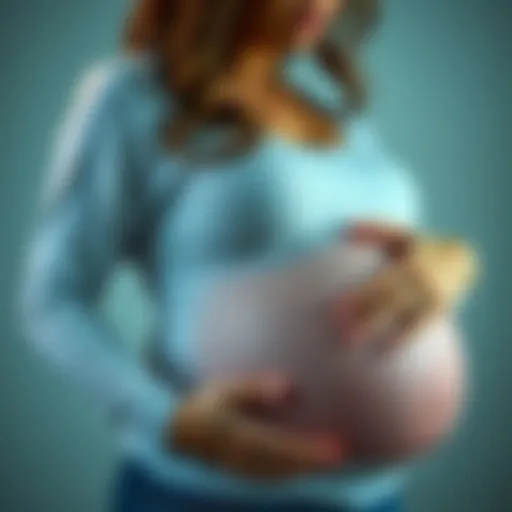 A woman at 20 weeks pregnant gently cradling her baby bump, showing a mix of emotions on her face