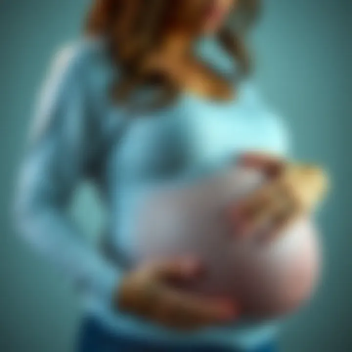 A woman at 20 weeks pregnant gently cradling her baby bump, showing a mix of emotions on her face