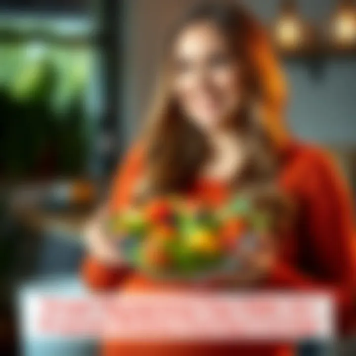 Pregnant woman looking happy while holding a bowl of fresh salad with fruits and vegetables