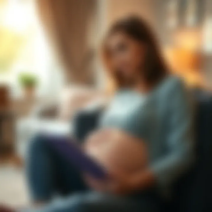 A pregnant woman sitting with a notebook, looking thoughtful about her pregnancy and dilation at 34 weeks.