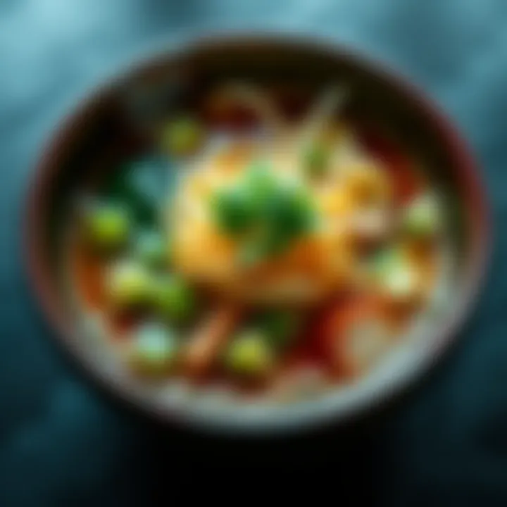 Premium Ramen Bowl with Green Garnish A steaming bowl of premium ramen topped with fresh green herbs and vegetables, symbolizing indulgence and luxury