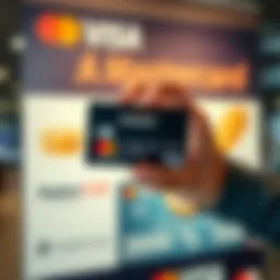 A hand holding a Premium Mastercard with a blurred background of a credit card advertisement