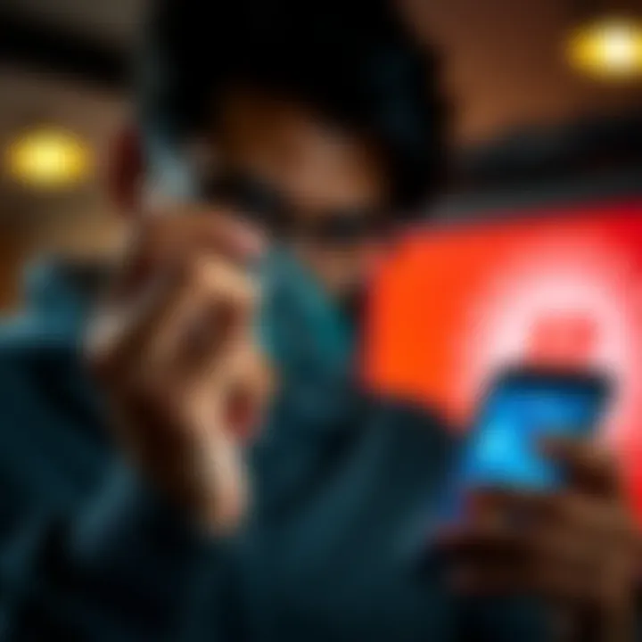 A frustrated person holding a prepaid Mastercard, looking at their phone showing a failed transaction notification, symbolizing payment issues in Ireland.