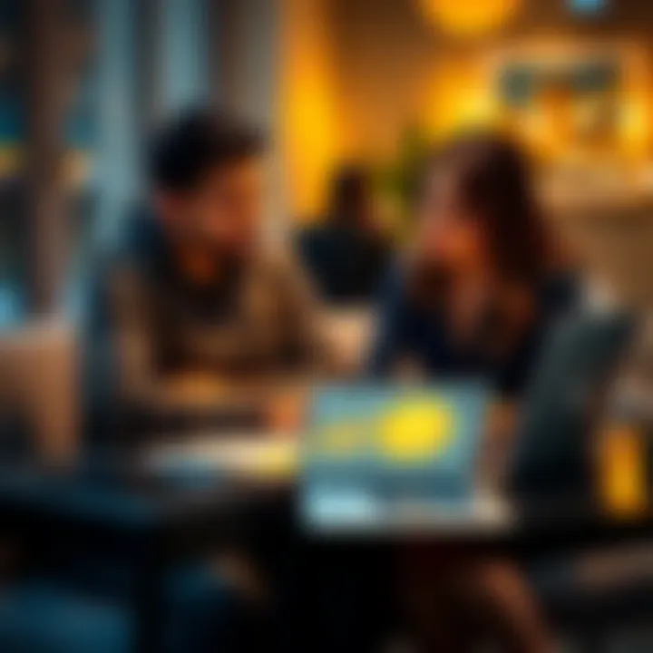 A couple sitting at a table, with a laptop open showing Bitcoin graphics, discussing financial planning together.