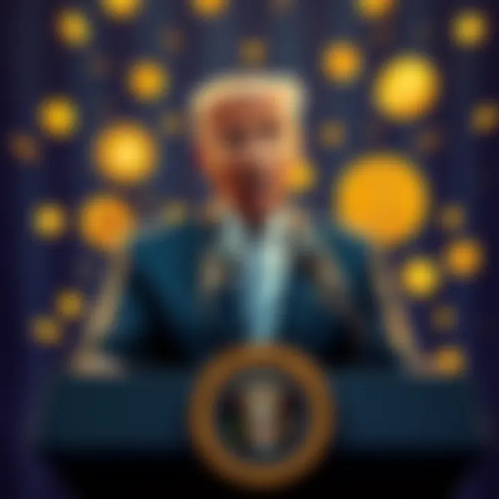 A bold depiction of a president at a podium, surrounded by cryptocurrency symbols President promoting cryptocurrency amidst mixed reactions from the financial community
