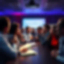 A group of people gathered at a press conference, reacting with surprise as the decision to print materials is revealed.