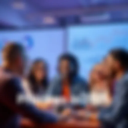 A group of diverse people discussing their priorities for the future with charts and graphs in the background.