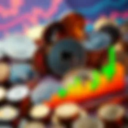 Privacy Coins Investment A collection of various digital coins representing privacy-focused cryptocurrencies like Monero and LTC, with a chart reflecting rising investment trends.