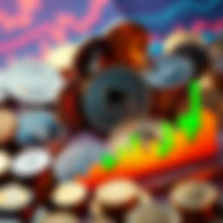 Privacy Coins Investment A collection of various digital coins representing privacy-focused cryptocurrencies like Monero and LTC, with a chart reflecting rising investment trends.