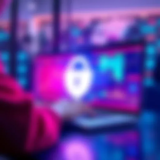 A person using a laptop with a secure digital interface while trading on PegasusSwap, illustrating privacy features