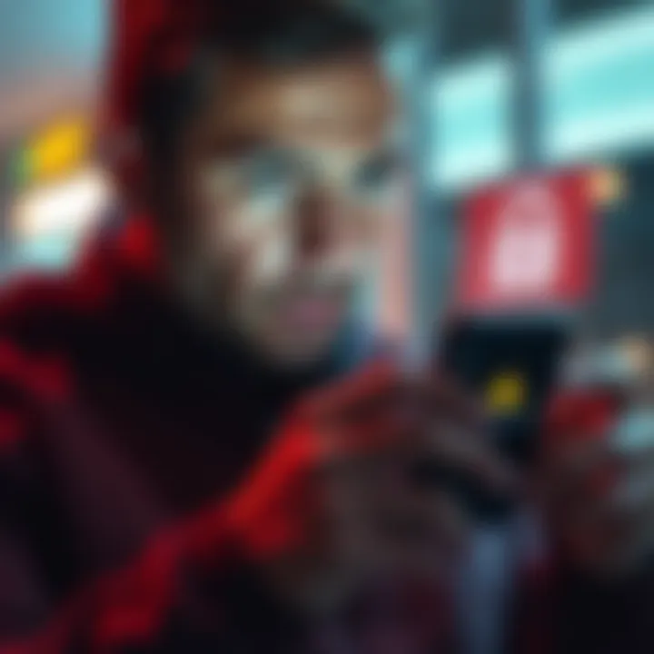 A person looking worried while using a financial app on their smartphone, with a warning symbol shown on the screen.
