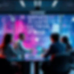 A group of people discussing technology trends in a private meeting with a digital display of private ledgers in the background.