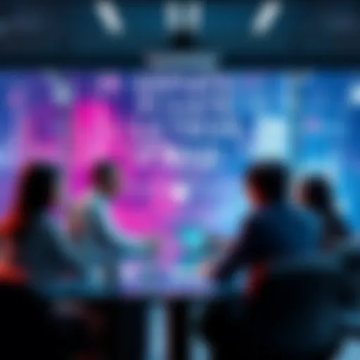 A group of people discussing technology trends in a private meeting with a digital display of private ledgers in the background.