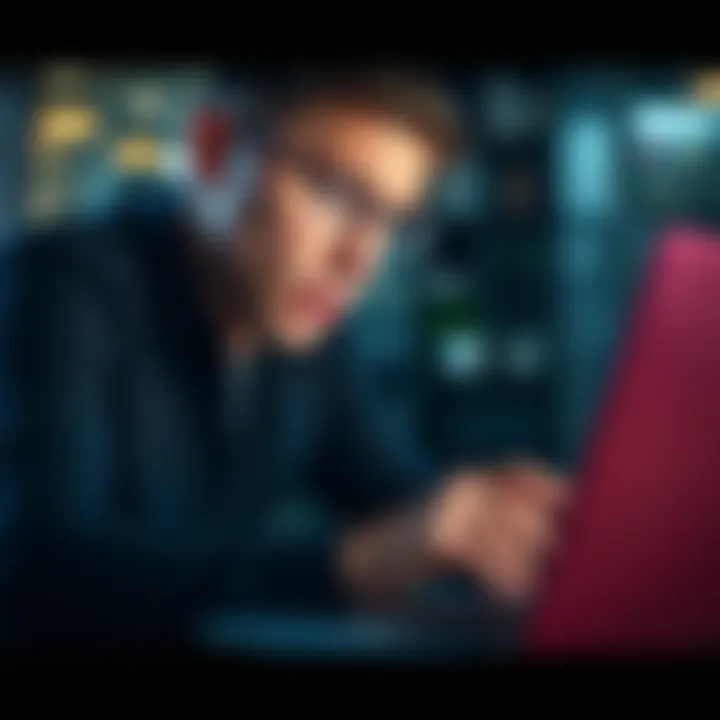 A person anxiously examining a notification about account closure on their laptop, worried about business information security.