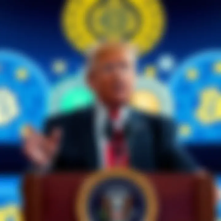 Pro-Crypto President Donald Trump Donald Trump speaking at a podium with cryptocurrency symbols in the background