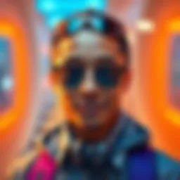 A person showcasing confident facial expressions for social media engagement, with a vibrant background and appealing accessories.