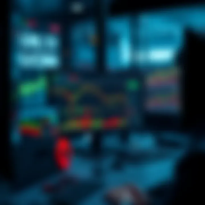 A trader analyzing charts and data on a computer screen, focusing on profitability in perpetual futures trading.