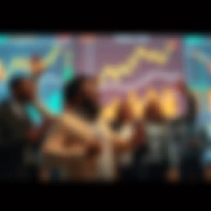 A group of diverse investors celebrating as they review rising stock charts and graphs on a digital screen, showing financial growth.