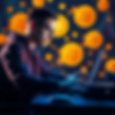 A programmer coding on a laptop with Bitcoin symbols in the background