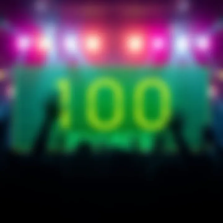 A digital display showing the increasing count of shares as it approaches 100, with an excited crowd in the background.
