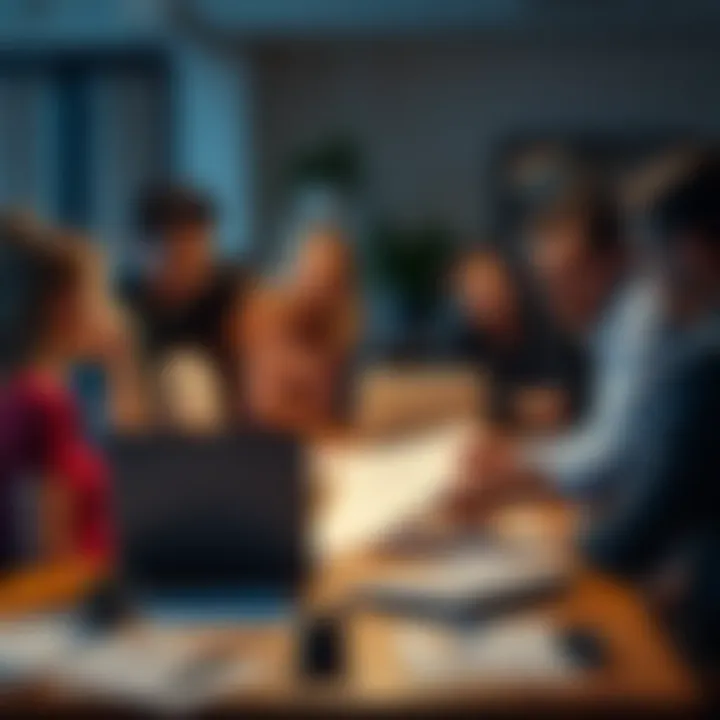 A group of diverse people discussing a project with worried expressions around a table, papers scattered and a laptop open showing graphs.
